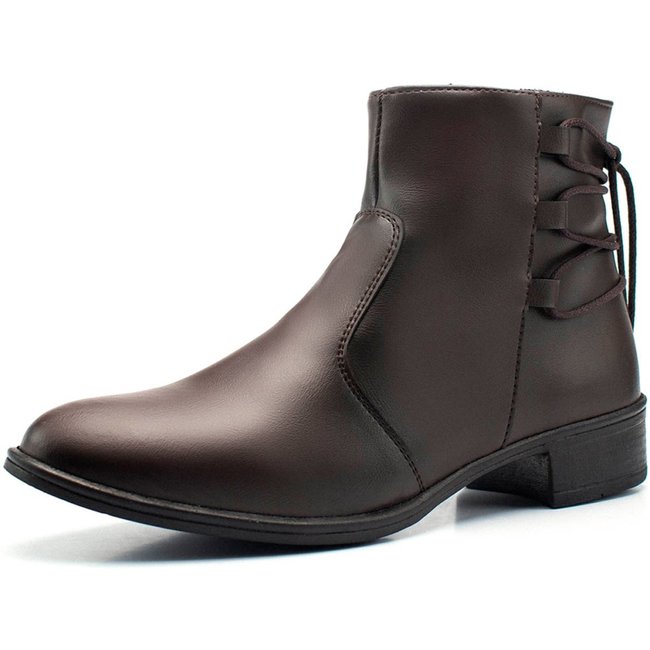 Bota Feminina Cano Baixo Bredeni Coturno Com Ziper Lateral Salto Baixo Detalhe Amarrar Marrom