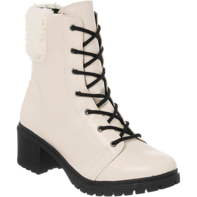 Bota Coturno Feminina Cano Curto Pelo Salto Tratorado Baixo Off White