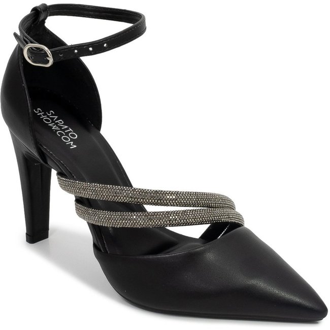 Scarpin Stiletto Ankle Strap com Strass Sapato Show 20778-04 Sapato Show Preto