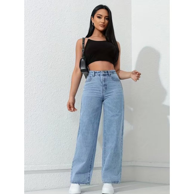 Calça Jeans Widleg Delave Feminina Avec Casual e Basica Ideal Dia a Dia Azul
