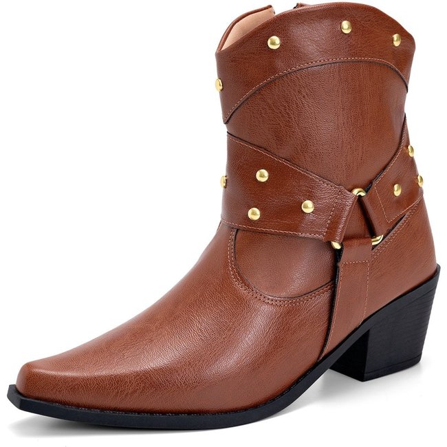 Bota Feminina Lumiss Country Western Salto Baixo Bico Fino Cano Baixo Tachas Douradas Caramelo