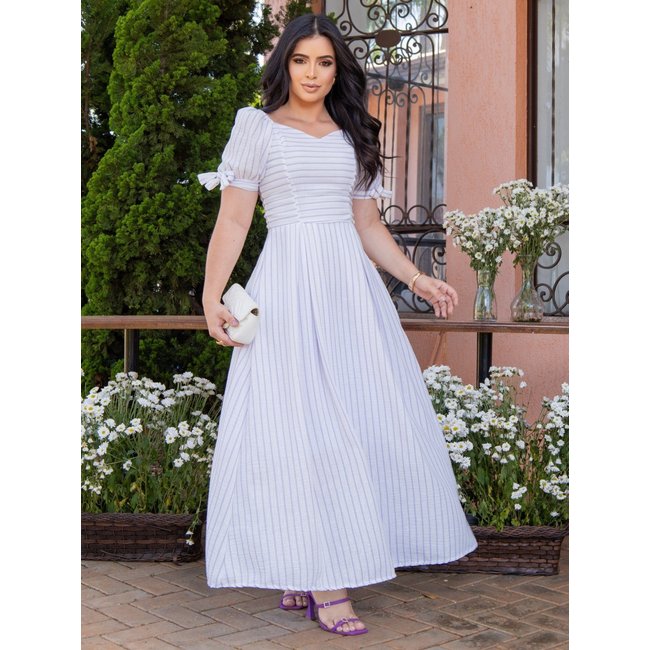 Vestido Longo Decote Coração Listrado Candy Colors Verão Moda Modesta Charmoso Listras Lilas Look Fim de Ano