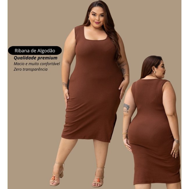 Vestido Garota Urbana Fashion Plus Size Café feminino Ribana canelado premium sem manga
