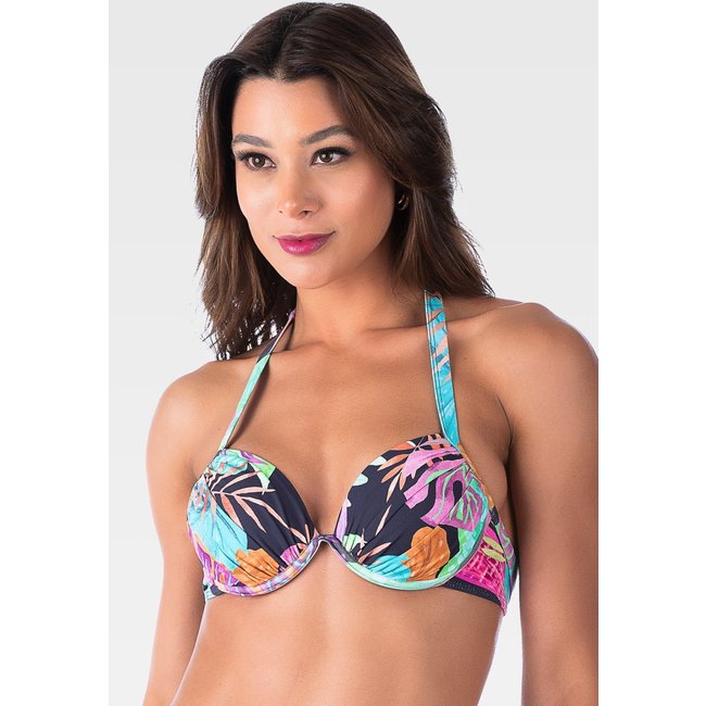 Top Summer Soul Franzido Com Bojo Meia Taça e Aro Folhagem Marinho