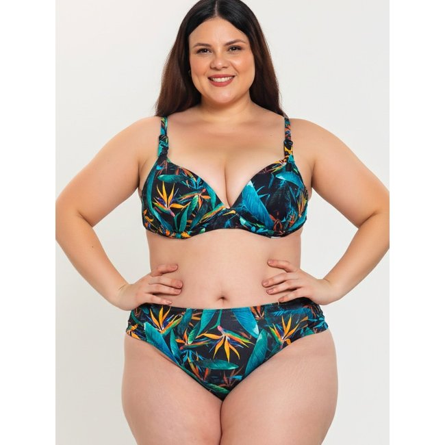 Biquini Plus Size Orla da Praia com Bojo Meia Taça e Calcinha Drapeada Estampado Floral Verde
