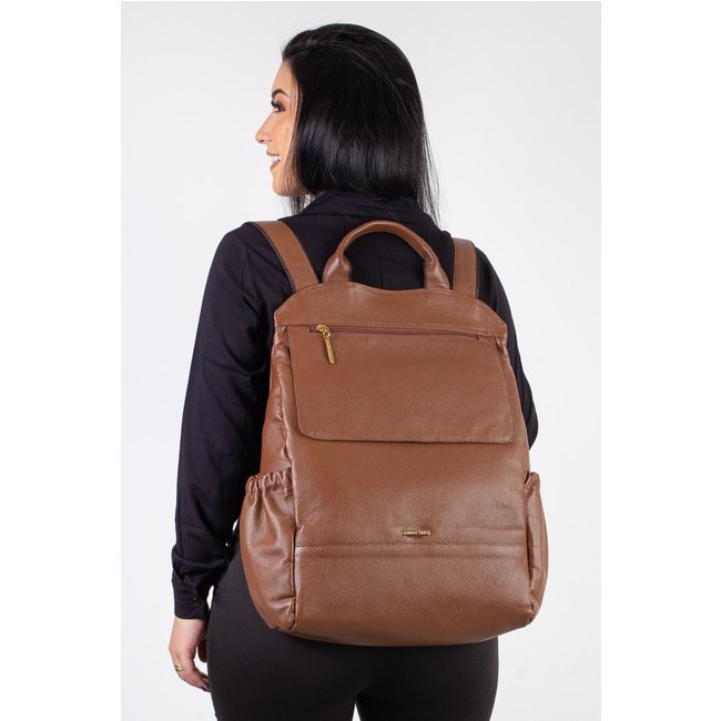 Mochila antifurto grande de couro liso Suzana - Whisky
