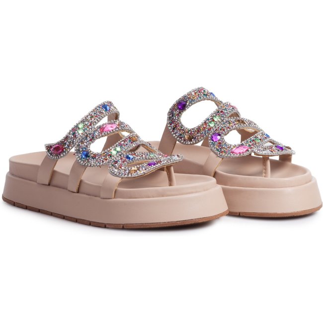 Sandália Plataforma Flat Nine4 Casual Detalhe Strass Brilhante Cobra Nude