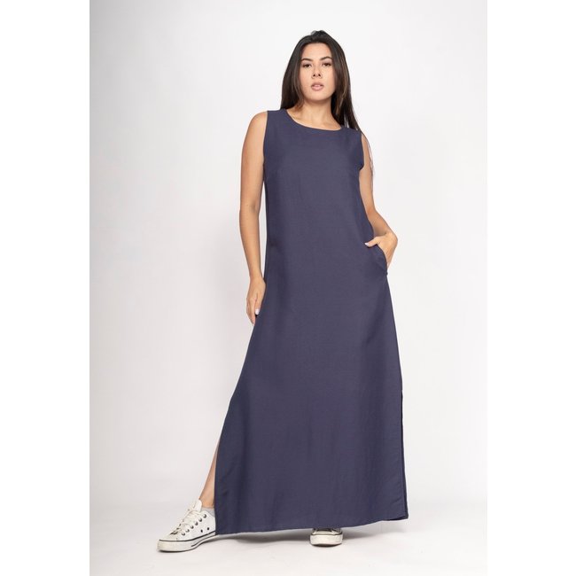 Vestido Cabanafree Longo Linho com Viscose com Bolso Azul Marinho