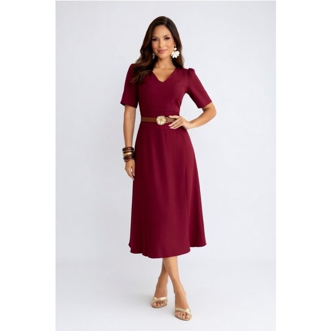Vestido Midi D Bell Outlet Fashion Gola V Com Cinto bordô