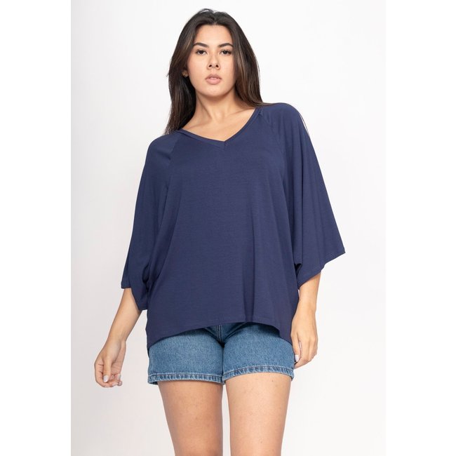 Blusa CabanaFree Ampla Morcego Guyrá Manga 3/4 Malha Azul Marinho