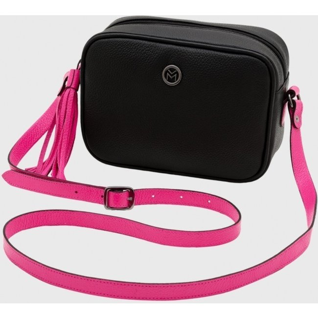Bolsa Transversal de Couro Mariart Titânio Preta/Pink