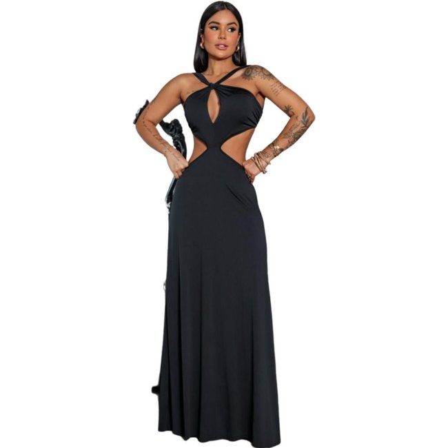 Vestido Longo Fluity Nataly Abertura Preto