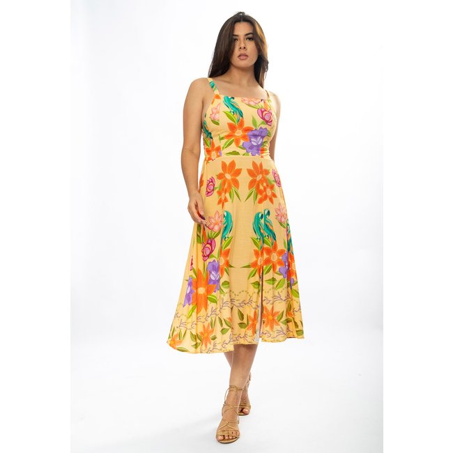 Vestido Midi Amazônia Vital Alça Fina Estampa Alegria Tropical