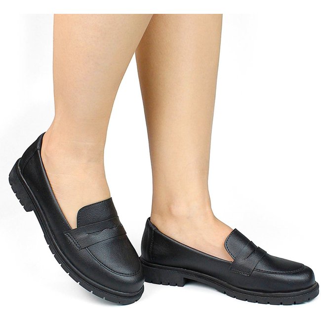Sapato Feminino Mocassim Tratorado Donatella Shoes Bico Redondo Confort Preto Oxford