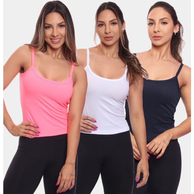 Kit 3 Regatas de Alcinha Canelada Feminina Lisa Blusa Blusinha Básica Treino Academia