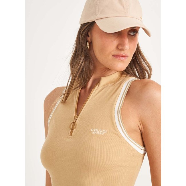 Vestido Colcci Midi Slim Decote V Zíper Bege