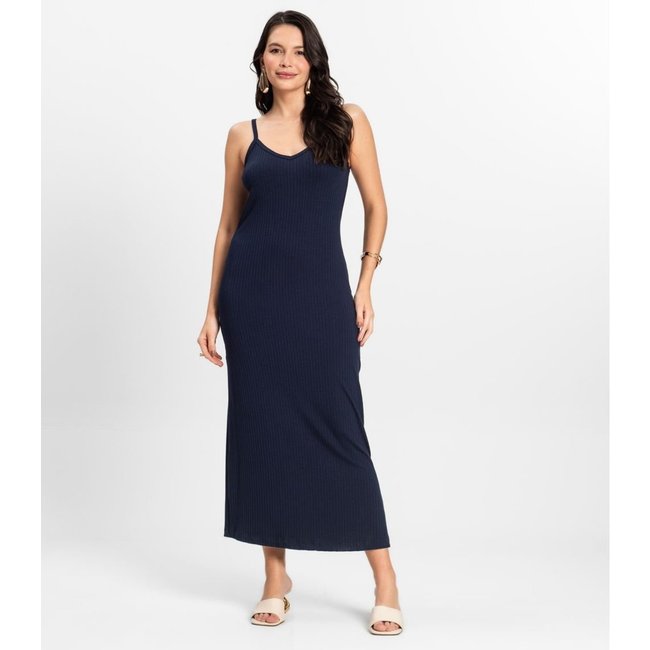 Vestido Midi em Ribana Canelada Rovitex Azul
