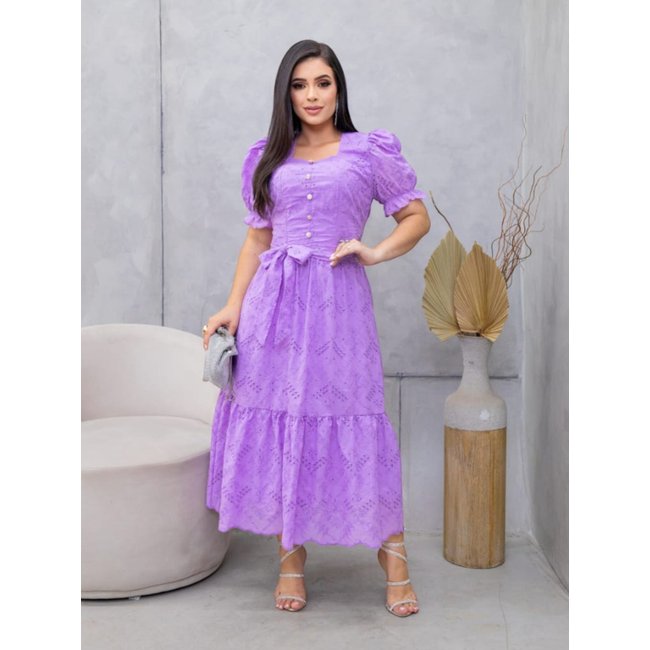 Vestido Festa Midi Soltinho Elegante Moda Evangélica Lilás