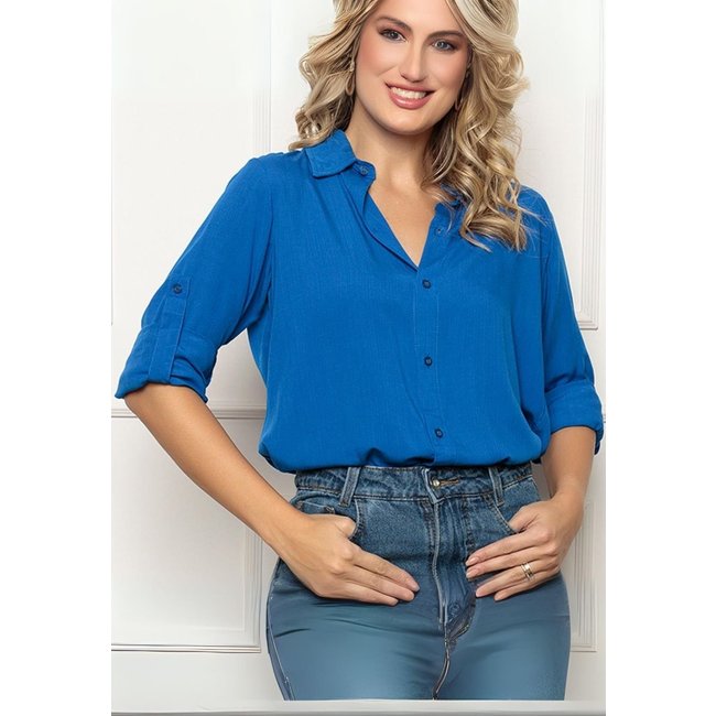 Camisa Social Manga Longa com Botões Tecido 100% Viscose Premium Casual - Azul Royal