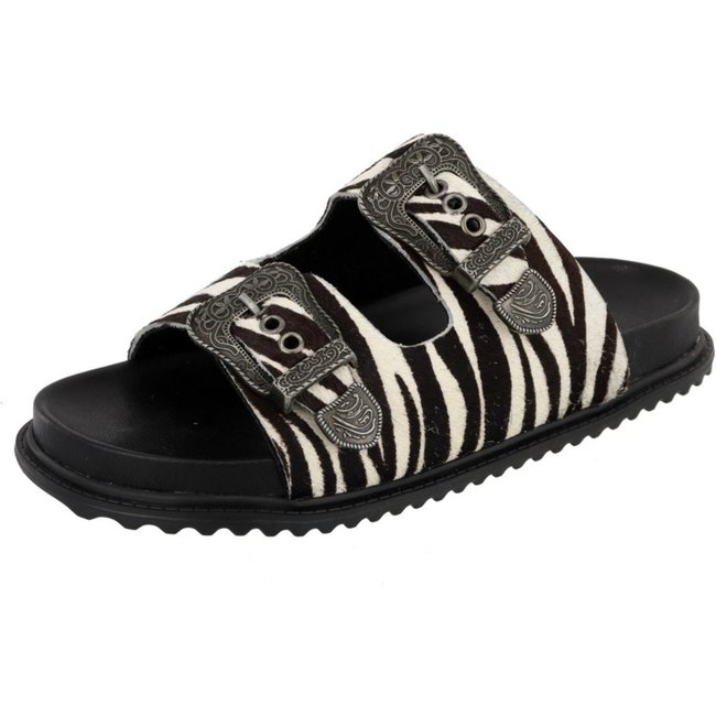 Sandalia Couro Animal Print Zebra Papete Lançamento Rasteira Fivela Agnes Veronez
