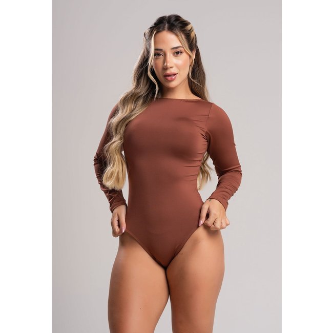 Body MVB Modas Manga Longa Costa Nua Marrom