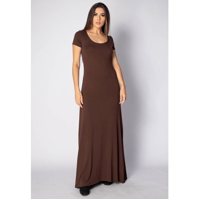 Vestido Longo Amazonia Vital Malha Manga Curta Gola Canoa Marrom