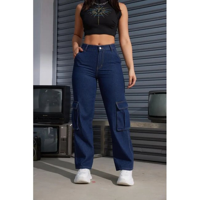 Calça Jeans Widleg Cargo Feminina Avec Casual e Basica Ideal Dia a Dia Azul Escuro