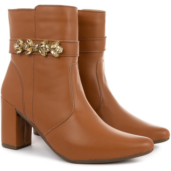 Bota bico fino salto fashion confortável com pedraria OLZZY Caramelo