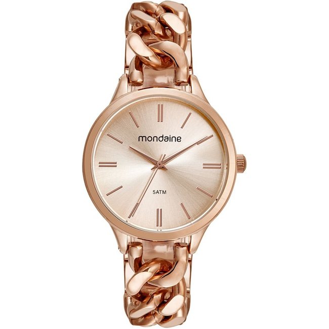 Relógio Feminino Rose Gold Redondo Metal Pulseira Joalheria Mondaine