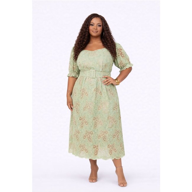 Vestido Midi Plus Size D Bell Outlet Fashion Gola V Com Cinto Verde Claro