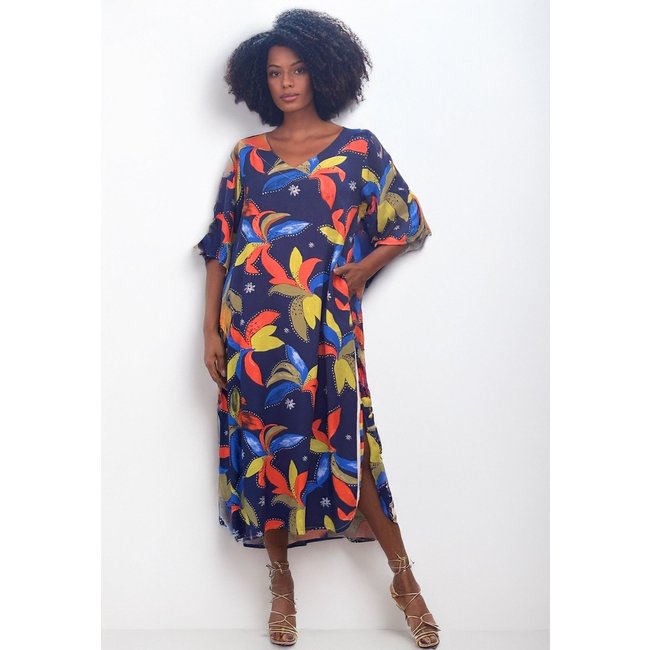 Vestido Midi Amazonia Vital Abapã Plano com Bolso Estampa Maré Vibrante