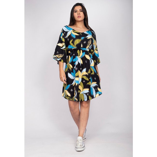 Vestido Curto CabanaFree Caaxixá Viscose com Cordão na Cintura Estampa Jardim Noturno
