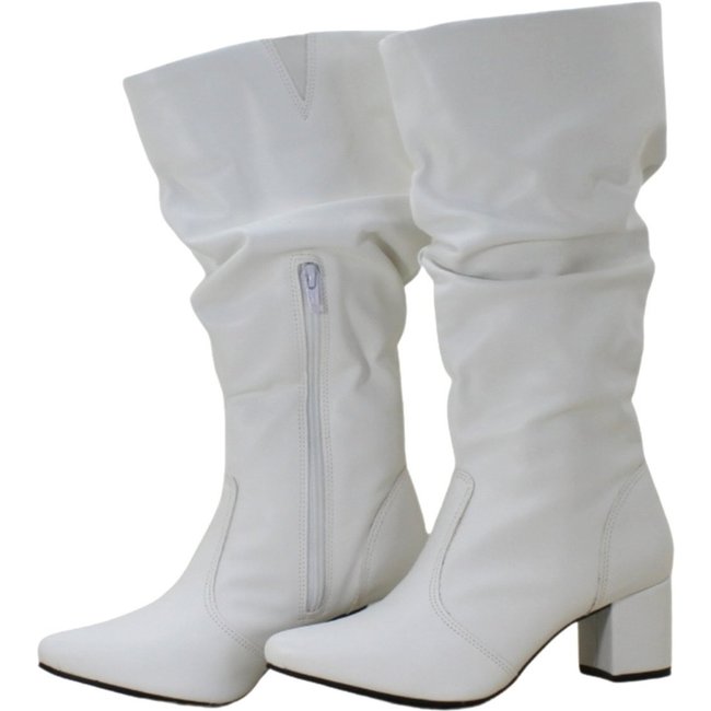 Bota Feminina Sloutchy Lirom Bico Fino Salto Grosso Cano Sanfonado Branca