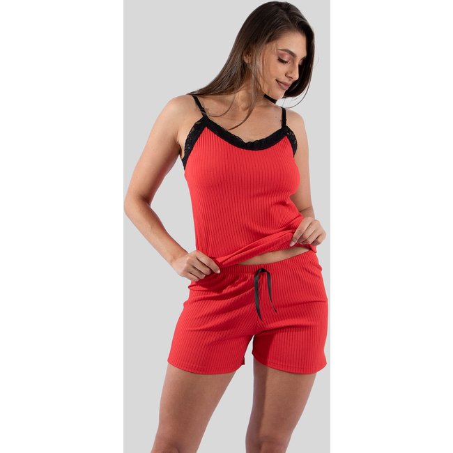 Baby Doll Diluxo Canelado Ribana Detalhe em Renda Vermelho