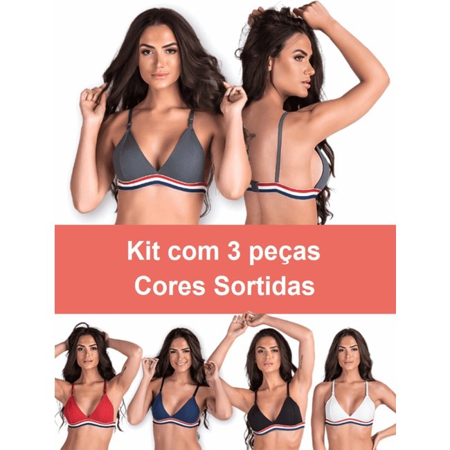 Kit 3 Sutiã Sem Bojo Frente Dupla Algodão Lingerie Atacado Multicolorido