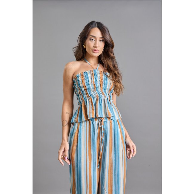 Blusa Tomara Que Caia Azul Listrada em Viscose Lemier Collection