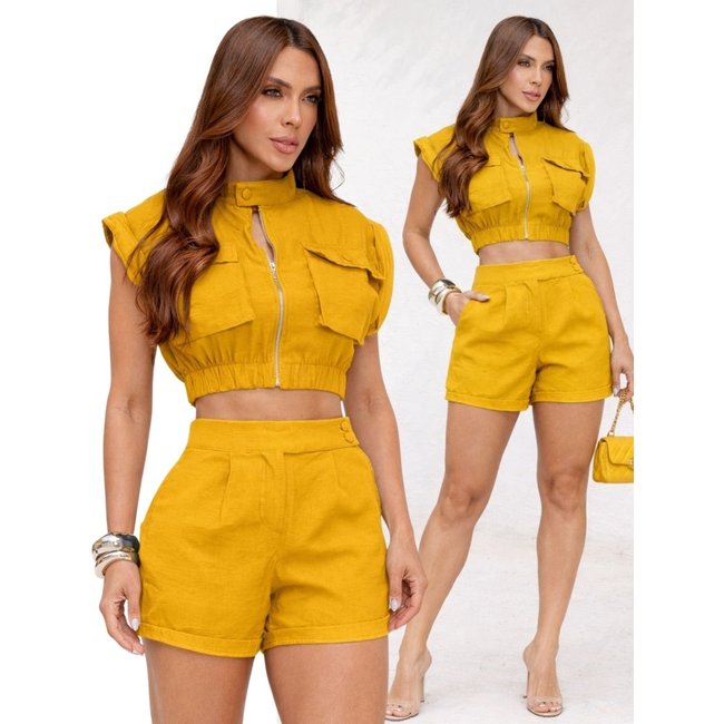 Conjunto Feminino Divina Gata Cropped Cargo e Shorts - AMARELO MARCHESSE