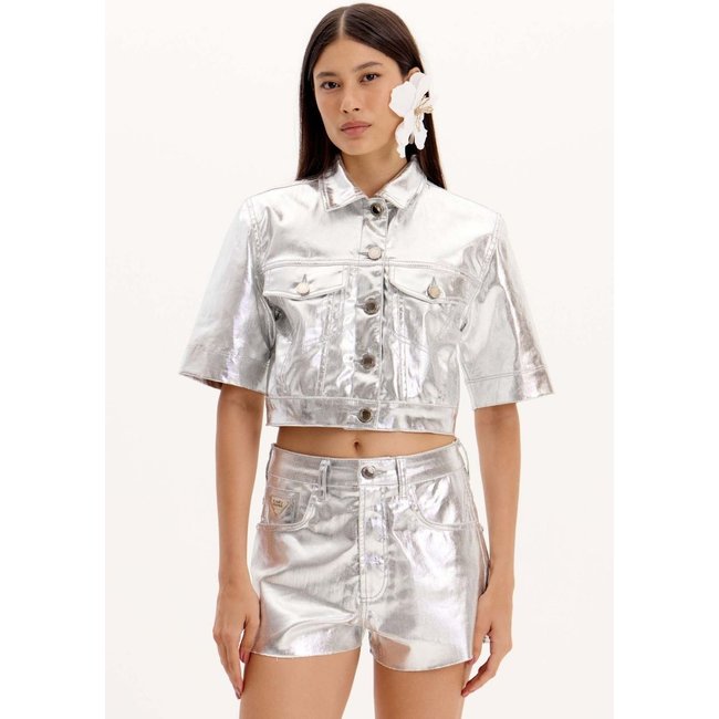 Jaqueta Jeans com Manga Curta Metalizada Lança Perfume