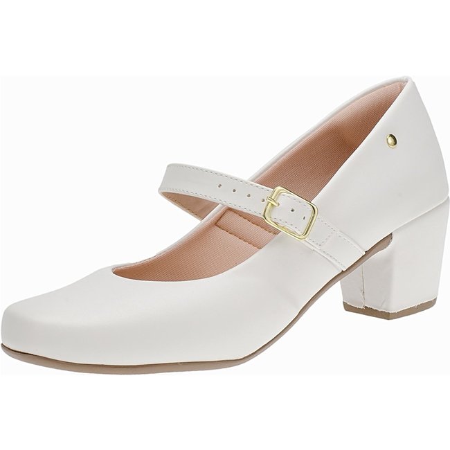 Sapato Feminino Lóris Shoes Scarpin Boneca Salto Grosso Medio 6484 Branco