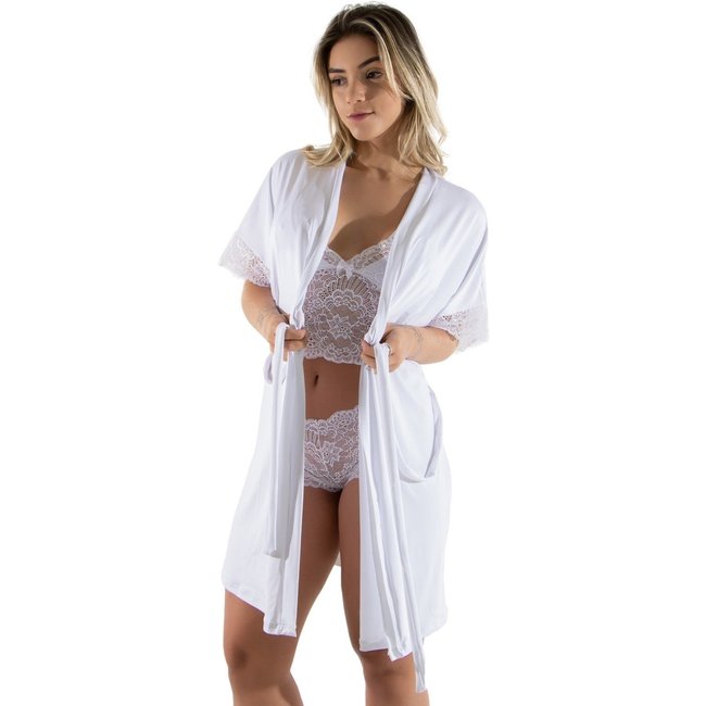 Kit Robe e Lingerie Rendada Branca