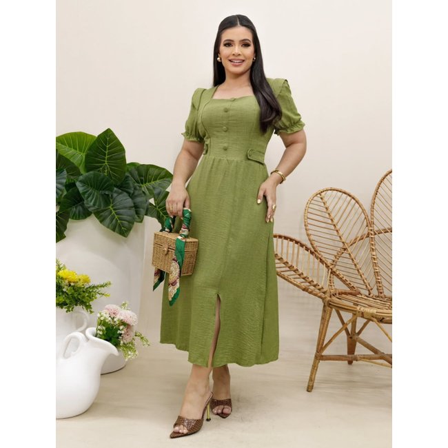 Vestido Elegante Moda Evangélica de Linho Decote Quadrado com Botões Elástico Social Verde