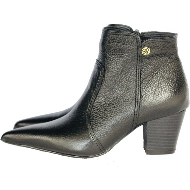 Bota Feminina Bico Fino Cano Curto Couro Salto 6 cm Preto