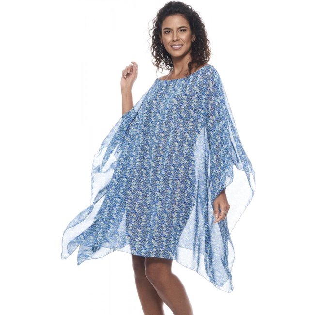 Saida de Praia Kaftan Vestido Amplo Bata Crepe Estampado Flores Azul