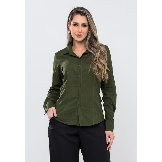 Camisa Manga Loga Classica Casual Elegante linho Premium Verde - Docce Mulher