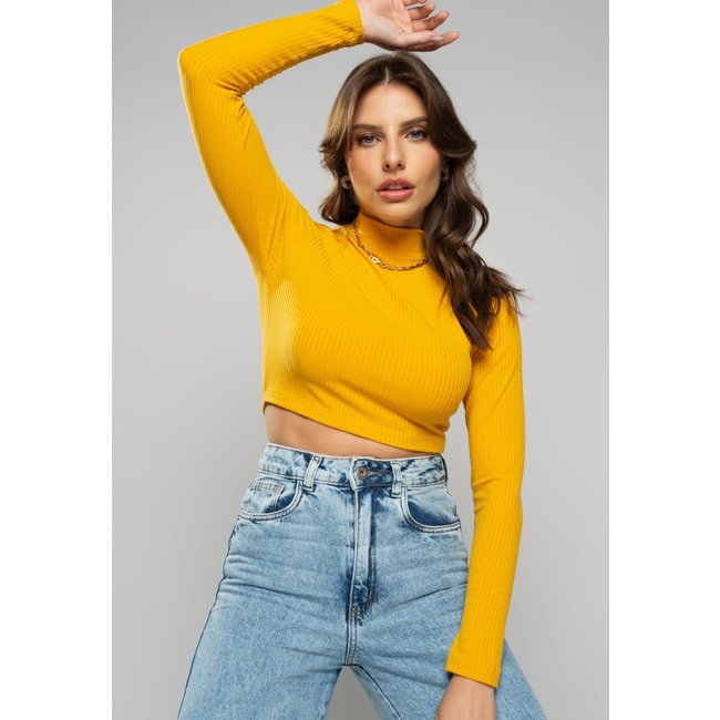 Cropped Salvatore Gola Alta Manga Longa Comfy Malha Canelada Mostarda