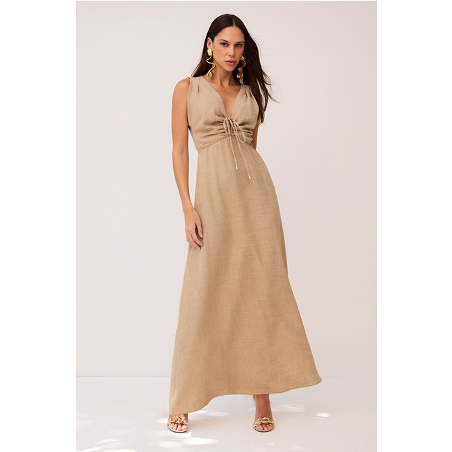 Vestido Longo Liso Decote V Gota Bege Desertico Charry