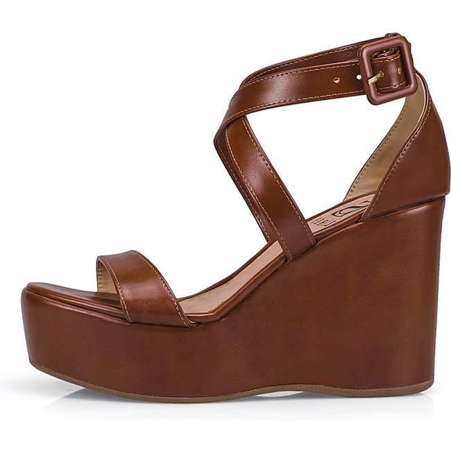 Sandália Feminina Lóris Salto Anabela Plataforma Fivela Elegante Confortável Caramelo 20801