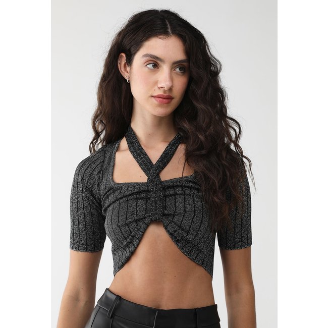 Blusa Cropped Canelada John John Ajustada Recorte Busto Preta
