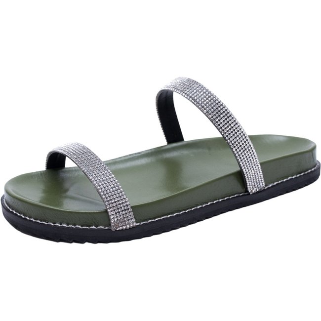 Papete Sandalia Rasteira Flat Verde Militar Manta de StrassTellini Store