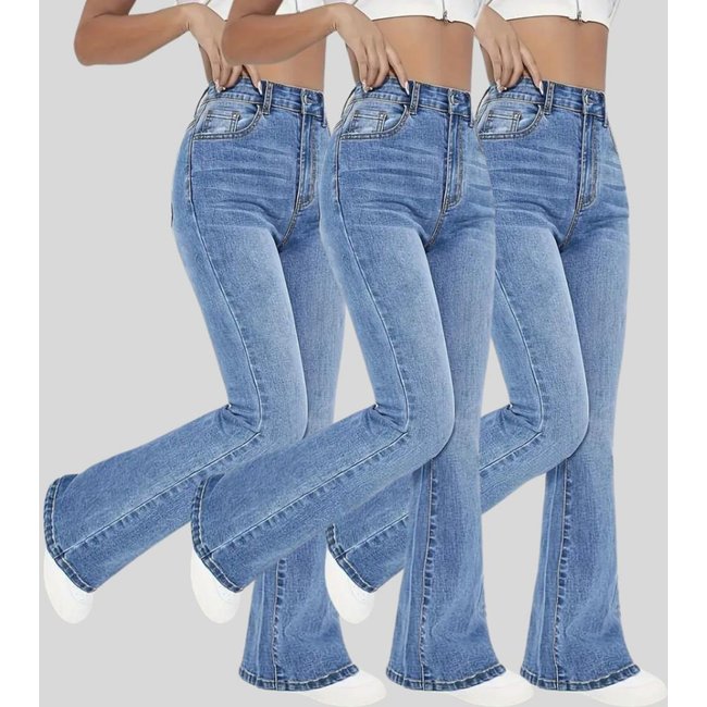Kit 3 Calça Flare Jeans Feminina Text Jeans Boca de Sino Cintura Alta Modeladora Azul Claro